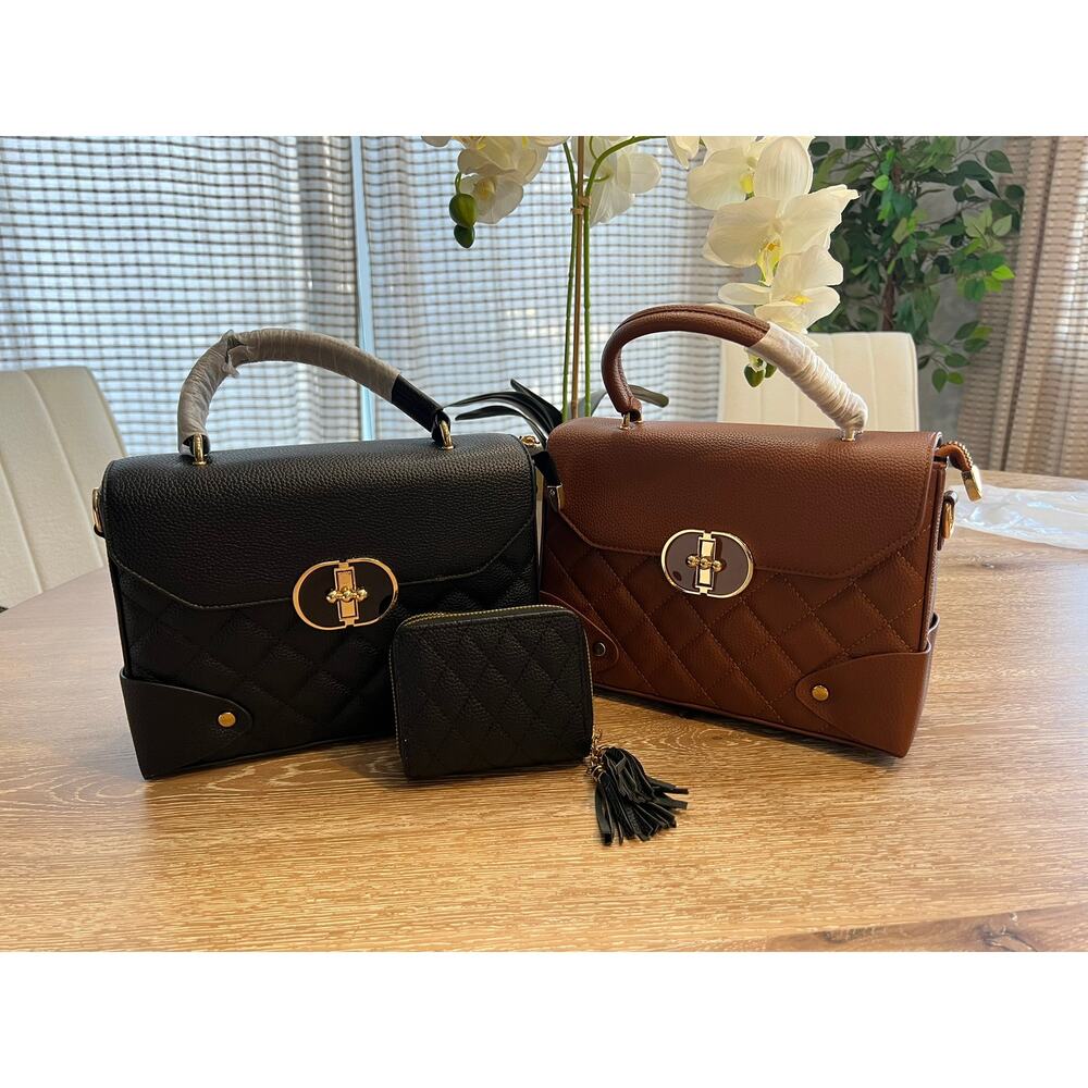WOMEN'S QUILTED TOP HANDLE HANDBAG SET WITH WALLET NWT BLACK